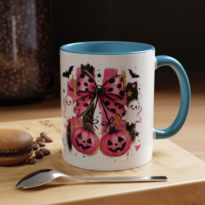 Halloween Pink Pumpkin Coffee Mug — Cute Ghosts & Bow Accent Mug (11/15oz)