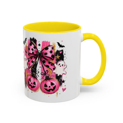 Halloween Pink Pumpkin Coffee Mug — Cute Ghosts & Bow Accent Mug (11/15oz)