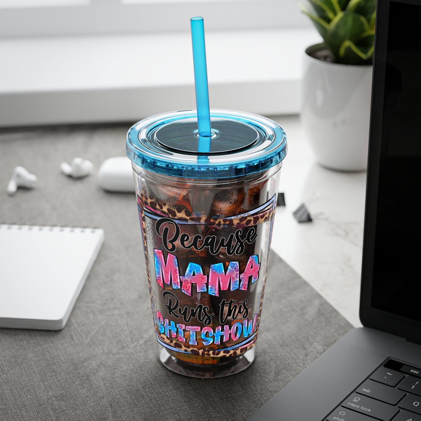 16oz Tumbler with Straw — "Because Mama Runs This…" Leopard Accent Travel Cup