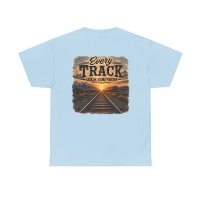 "Every Track Leads Somewhere" Sunset Railroad Graphic Tee