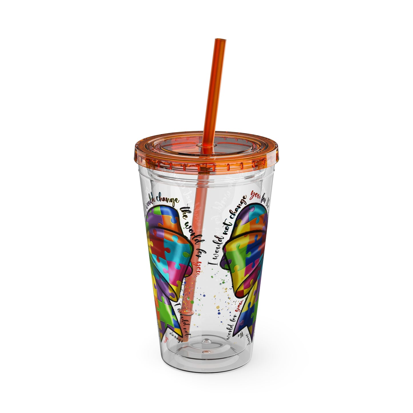 Autism Awareness Rainbow Puzzle Bow Tumbler with Straw, 16oz