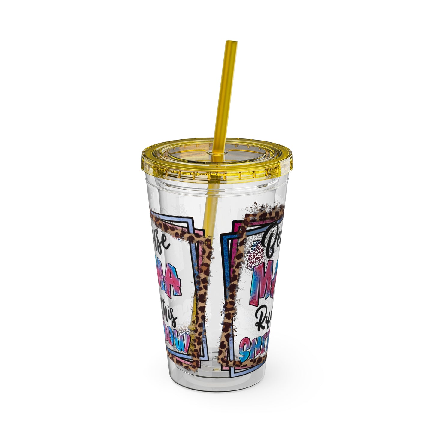 16oz Tumbler with Straw — "Because Mama Runs This…" Leopard Accent Travel Cup