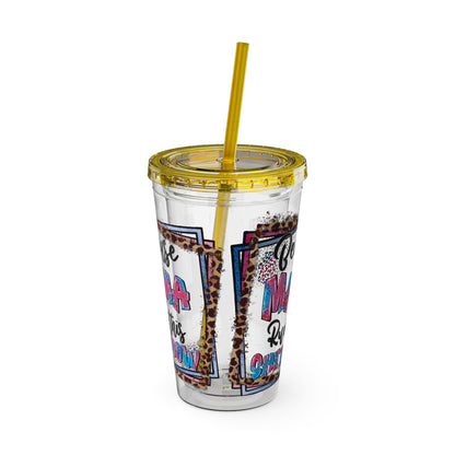 16oz Tumbler with Straw — "Because Mama Runs This…" Leopard Accent Travel Cup