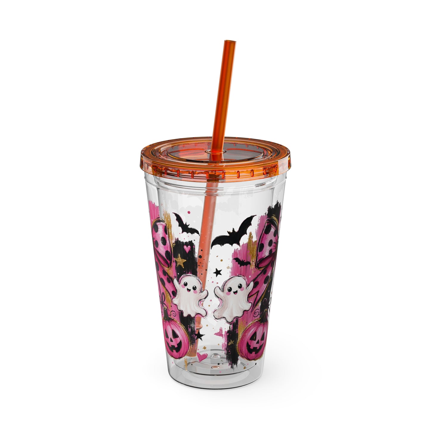 Halloween Pink Ghost Tumbler with Straw — 16oz Cute Pumpkin & Bow Drink Cup