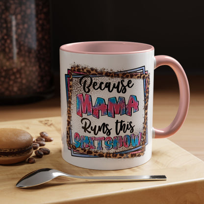 Mama Runs This Shitshow Accent Coffee Mug — Leopard & Watercolor Mom Gift (11/15oz)
