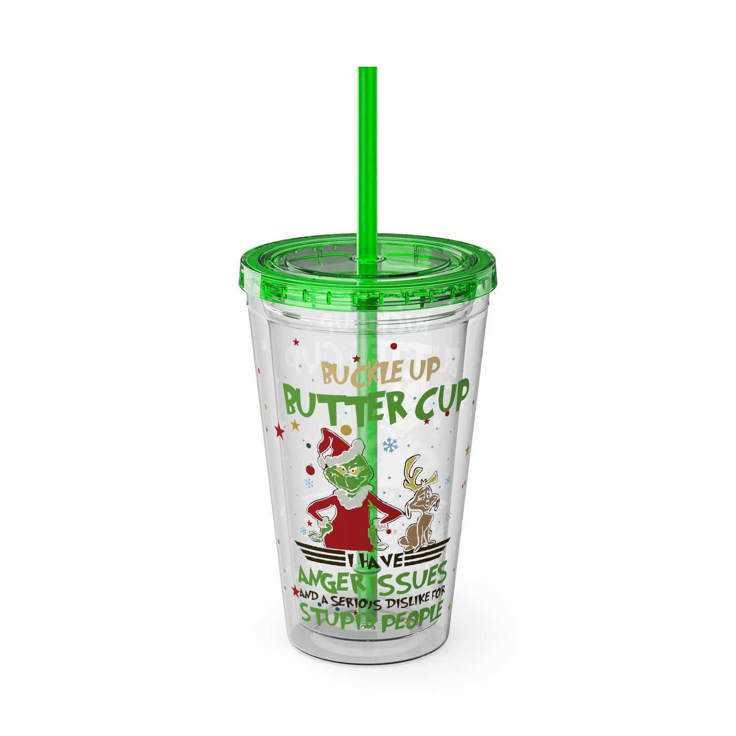 16oz Tumbler with Straw — 'Buckle Up Buttercup' Grinch Holiday Travel Cup