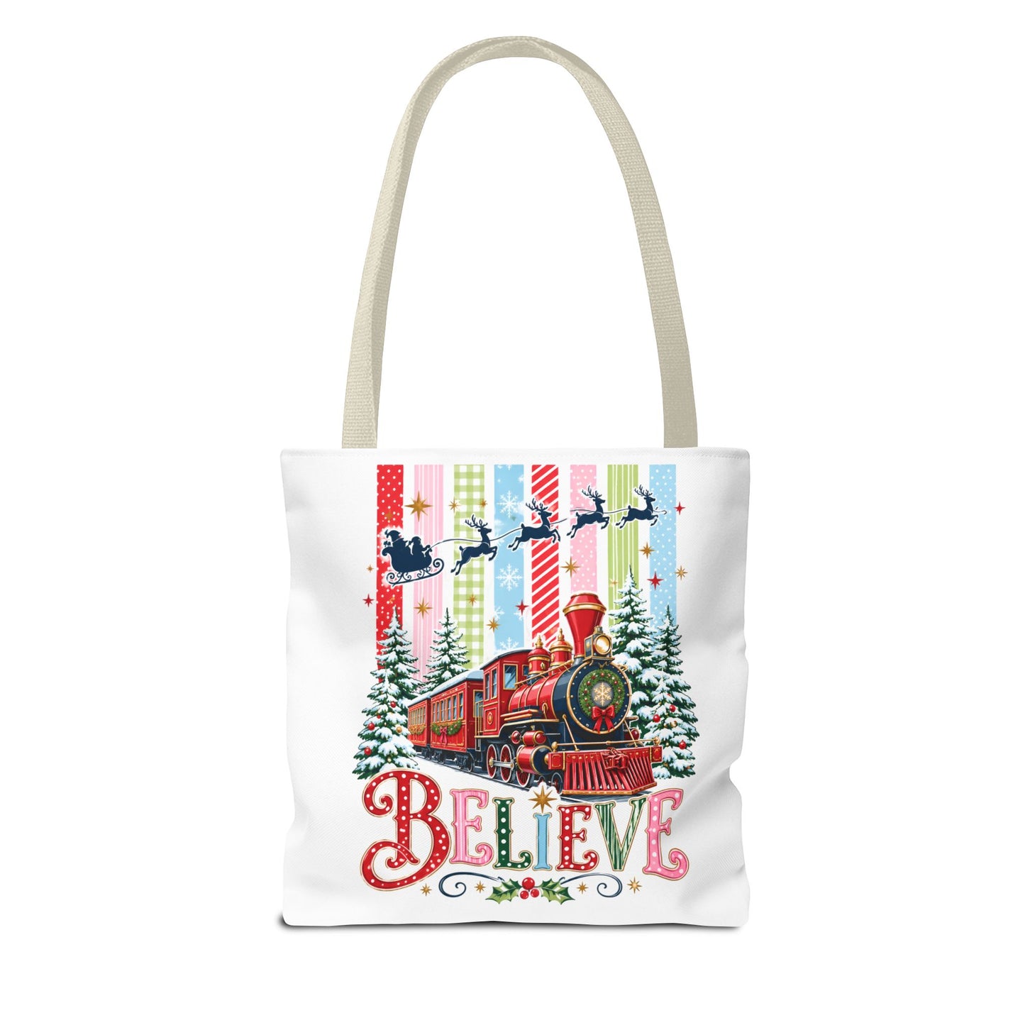 Believe Christmas Tote Bag — Vintage Holiday Train Gift Tote