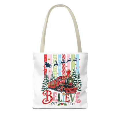 Believe Christmas Tote Bag — Vintage Holiday Train Gift Tote