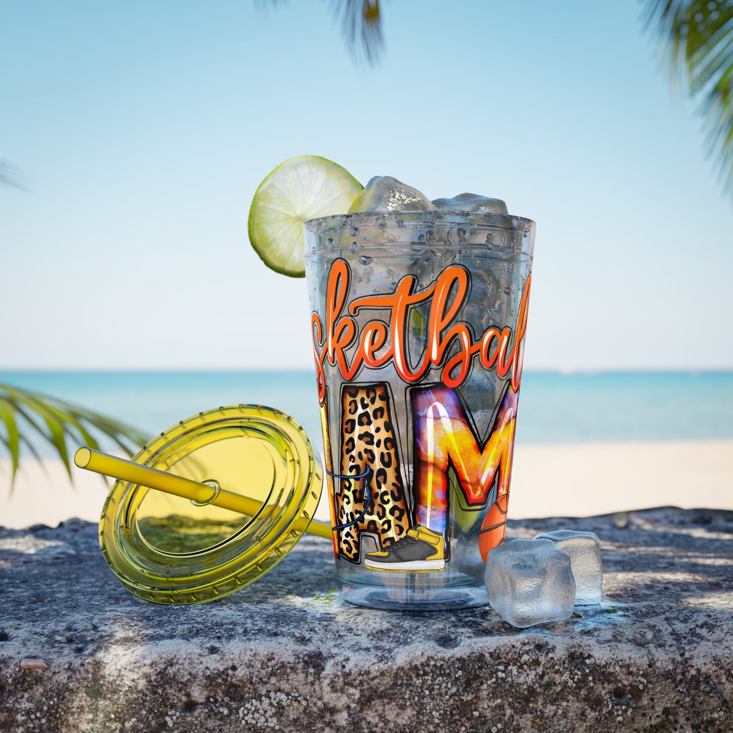 Basketball Mom 16oz Tumbler with Straw — Leopard & Plaid Sunsplash Design