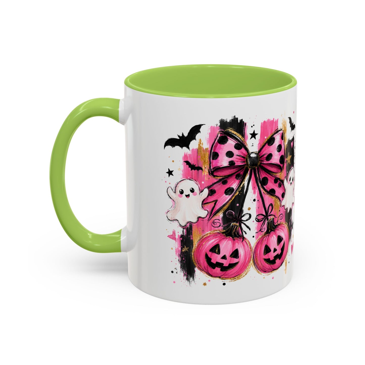 Halloween Pink Pumpkin Coffee Mug — Cute Ghosts & Bow Accent Mug (11/15oz)