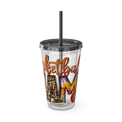 Basketball Mom 16oz Tumbler with Straw — Leopard & Plaid Sunsplash Design