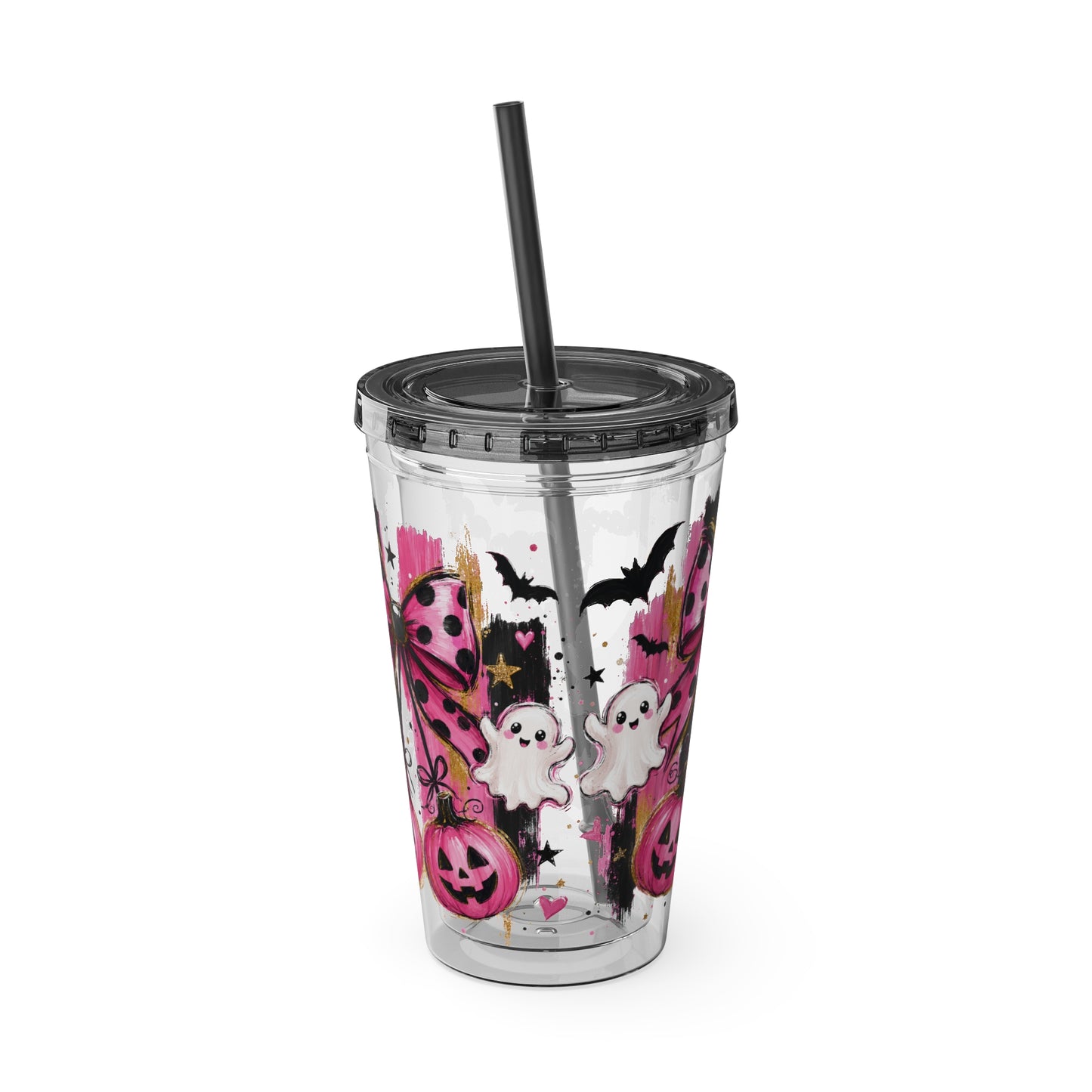 Halloween Pink Ghost Tumbler with Straw — 16oz Cute Pumpkin & Bow Drink Cup