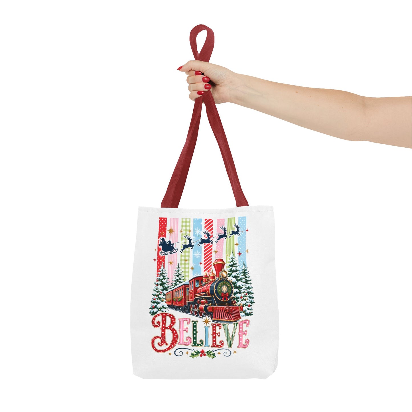 Believe Christmas Tote Bag — Vintage Holiday Train Gift Tote