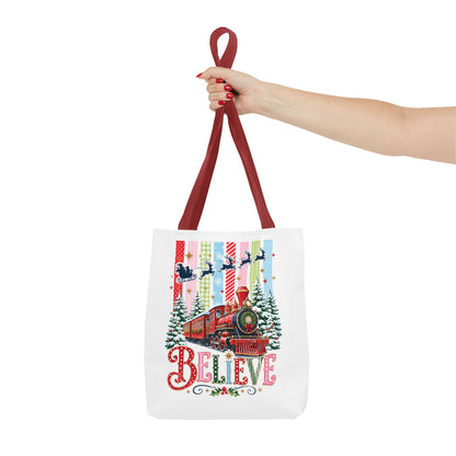 Believe Christmas Tote Bag — Vintage Holiday Train Gift Tote