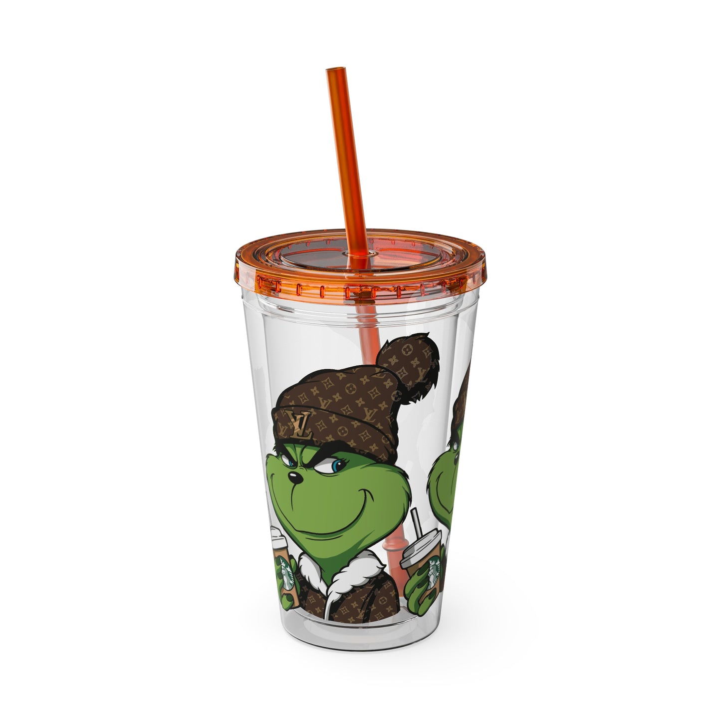16oz Tumbler — Grinch in Designer Beanie Clear Straw Cup