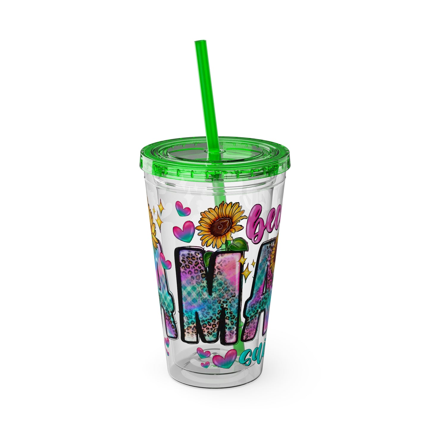 16oz Sunsplash Tumbler with Straw — Floral 'Because I Am' Colorful Sunflower Design