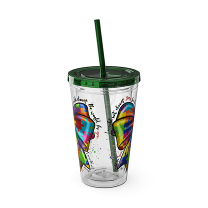 Autism Awareness Rainbow Puzzle Bow Tumbler with Straw, 16oz