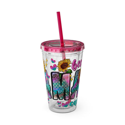 16oz Sunsplash Tumbler with Straw — Floral 'Because I Am' Colorful Sunflower Design