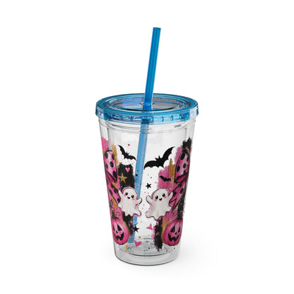 Halloween Pink Ghost Tumbler with Straw — 16oz Cute Pumpkin & Bow Drink Cup