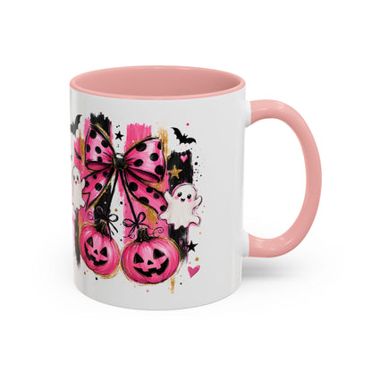 Halloween Pink Pumpkin Coffee Mug — Cute Ghosts & Bow Accent Mug (11/15oz)