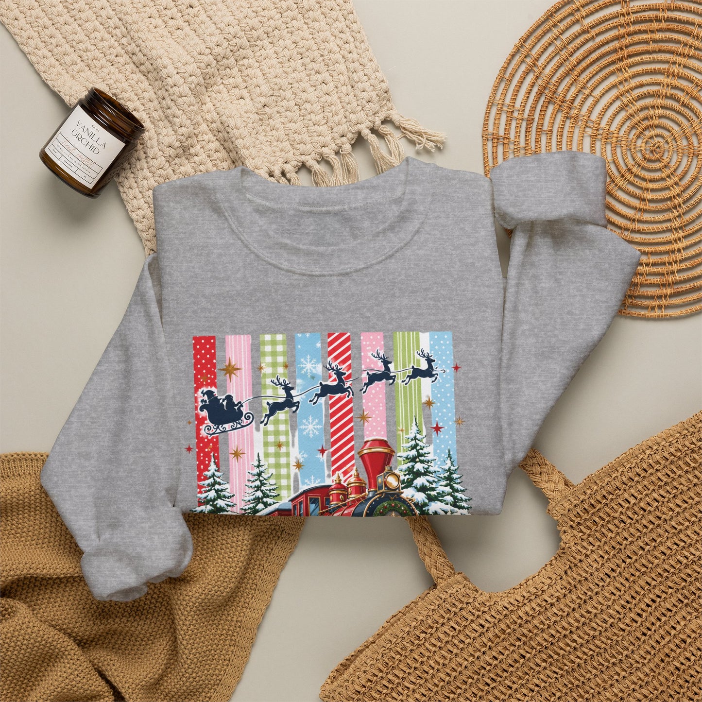 Believe Christmas Crewneck Sweatshirt — Vintage Holiday Train & Santa Silhouette