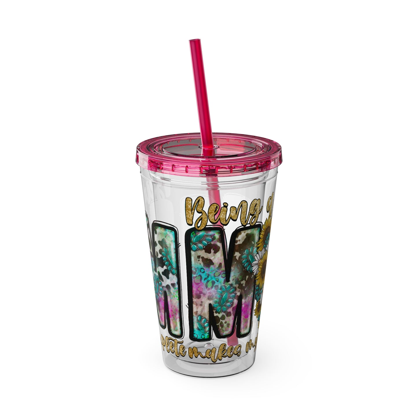 16oz Tumbler with Straw - "Being You" Floral Skull Cold Drink Cup Sunsplash Skull & Sunflower