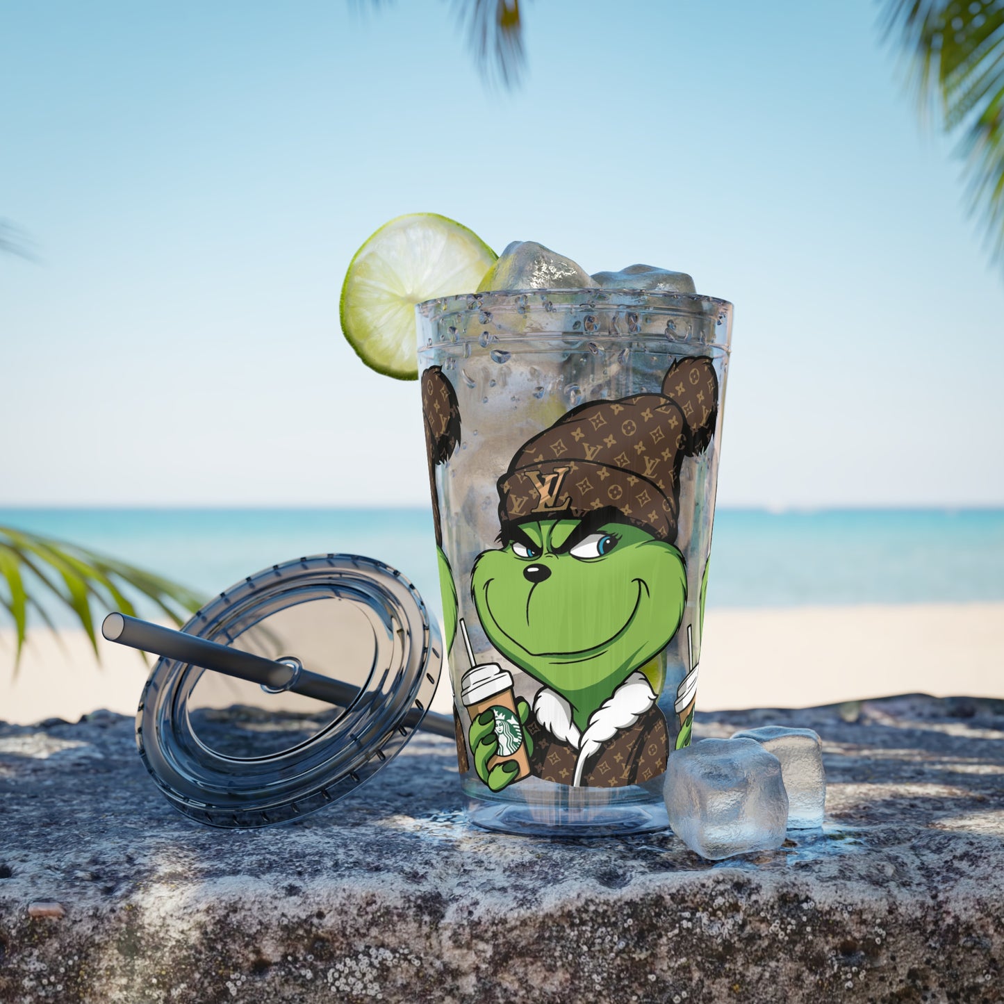 16oz Tumbler — Grinch in Designer Beanie Clear Straw Cup