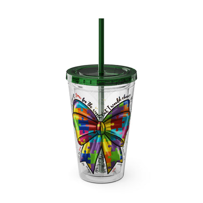 Autism Awareness Rainbow Puzzle Bow Tumbler with Straw, 16oz