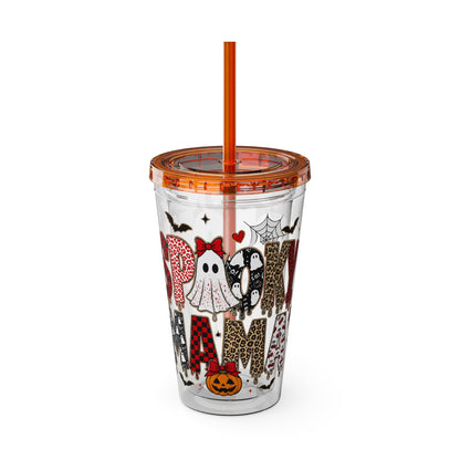 Halloween Mama 16oz Straw Tumbler – Cute Ghost & Pumpkin Party Drink Cup