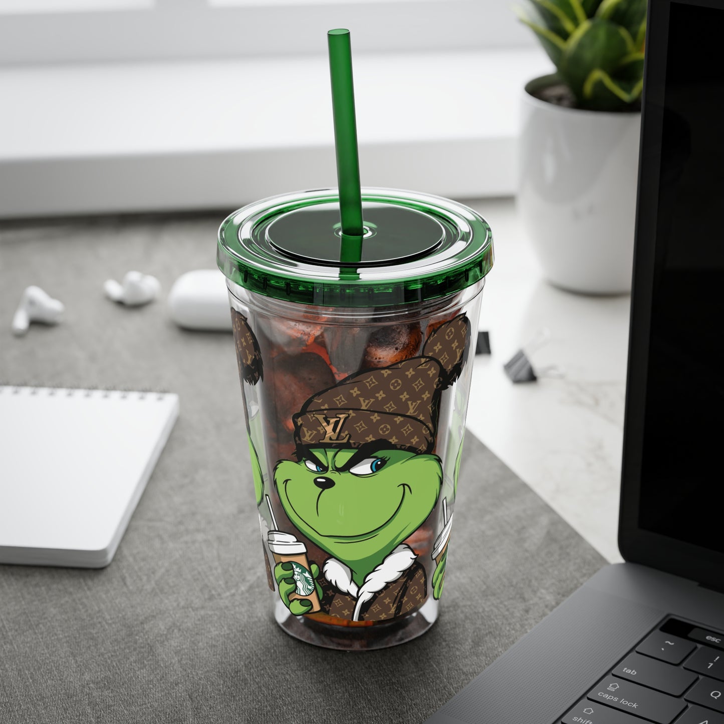 16oz Tumbler — Grinch in Designer Beanie Clear Straw Cup