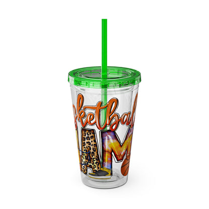 Basketball Mom 16oz Tumbler with Straw — Leopard & Plaid Sunsplash Design