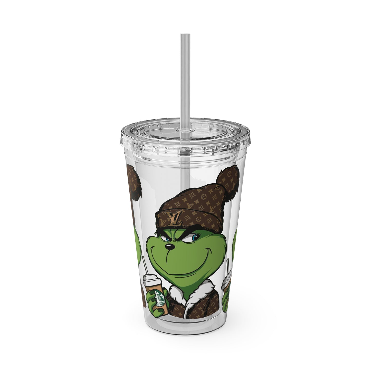 16oz Tumbler — Grinch in Designer Beanie Clear Straw Cup