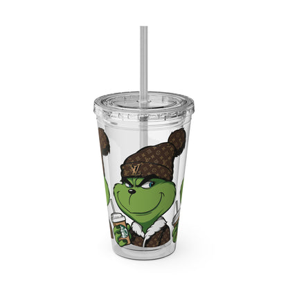 16oz Tumbler — Grinch in Designer Beanie Clear Straw Cup