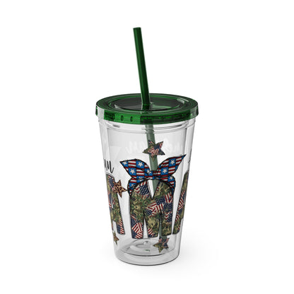 Patriotic Mama 16oz Tumbler with Straw — All American Floral Flag Design