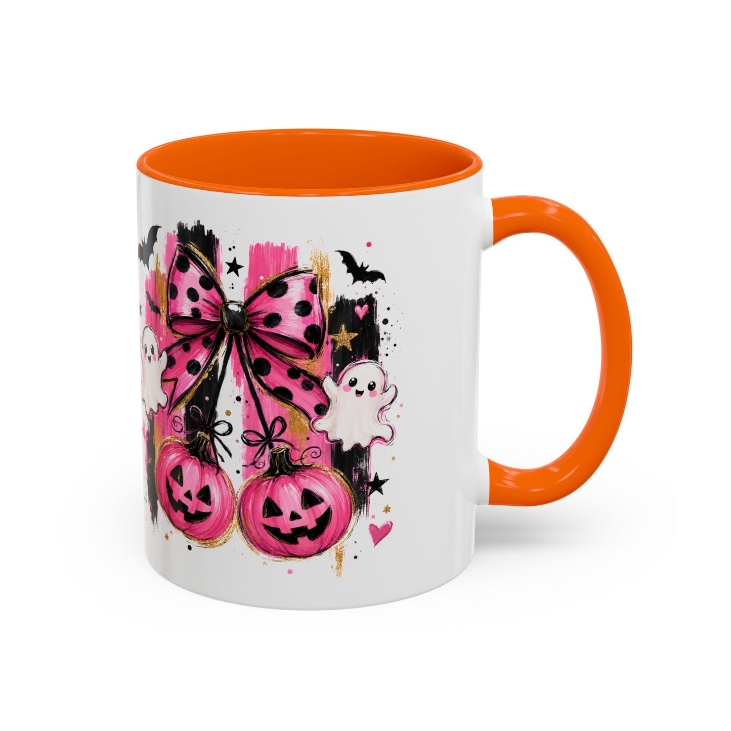 Halloween Pink Pumpkin Coffee Mug — Cute Ghosts & Bow Accent Mug (11/15oz)