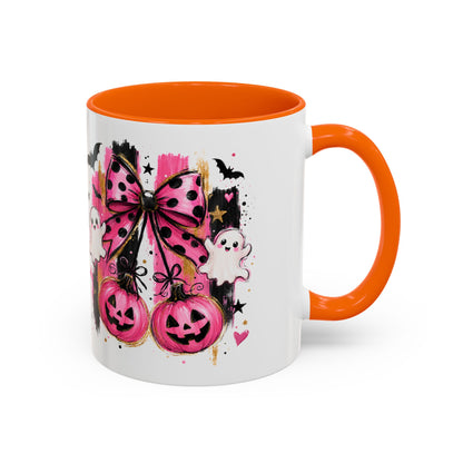 Halloween Pink Pumpkin Coffee Mug — Cute Ghosts & Bow Accent Mug (11/15oz)