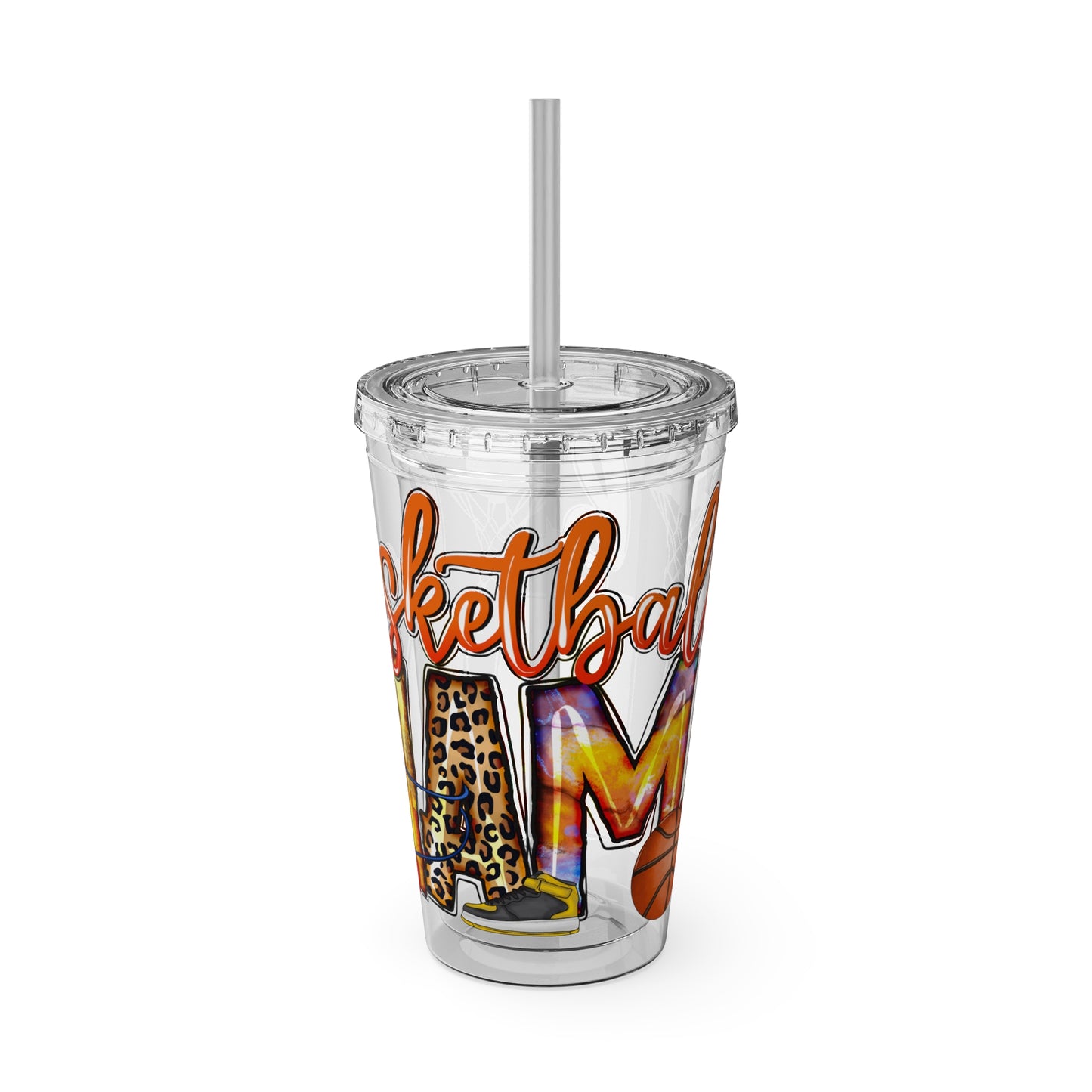 Basketball Mom 16oz Tumbler with Straw — Leopard & Plaid Sunsplash Design