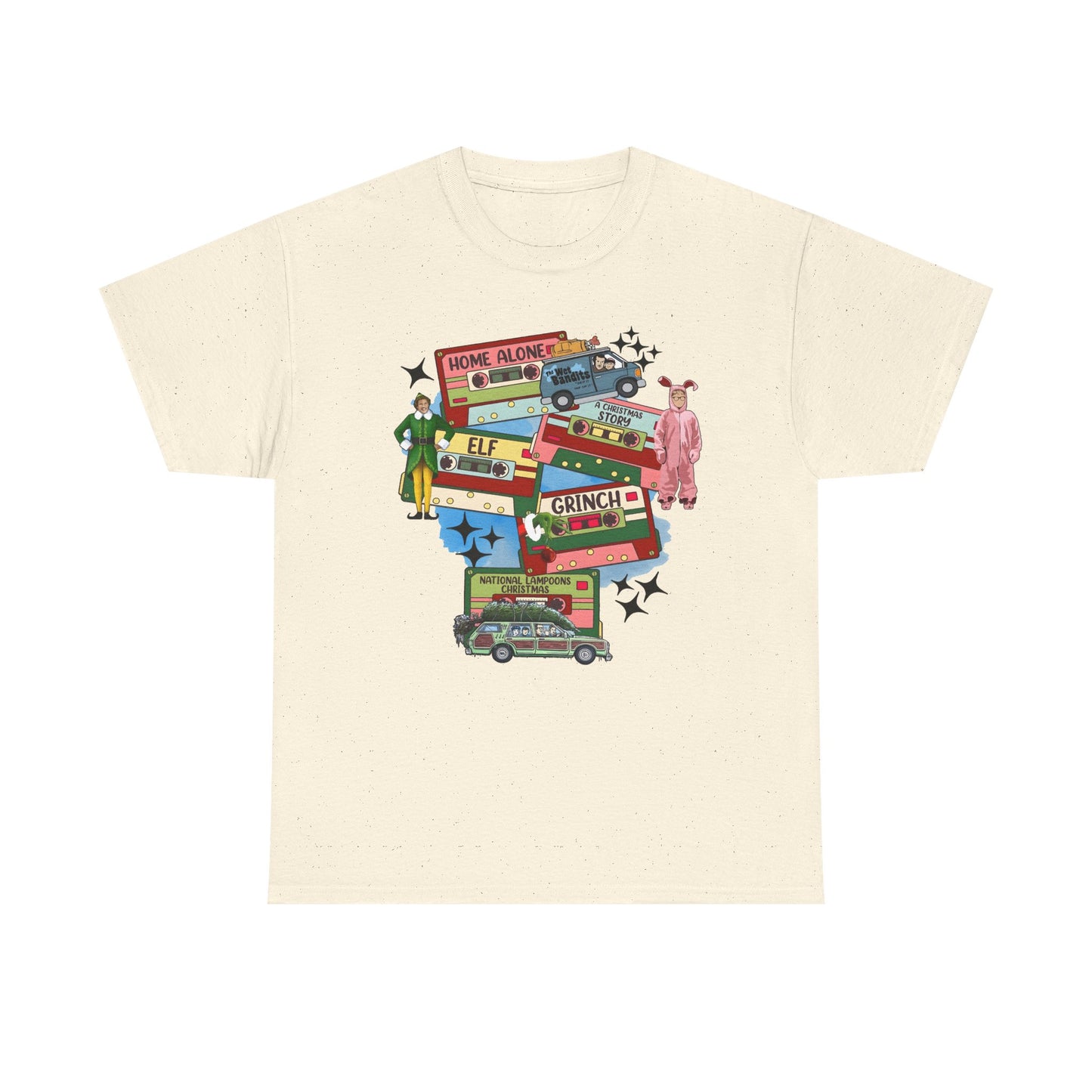 Retro Holiday Movie Stack T-Shirt — Elf, Grinch & Classic Christmas Cars Graphic Tee