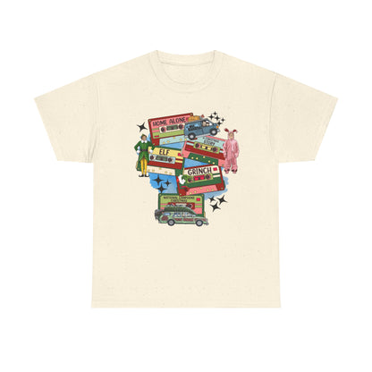 Retro Holiday Movie Stack T-Shirt — Elf, Grinch & Classic Christmas Cars Graphic Tee