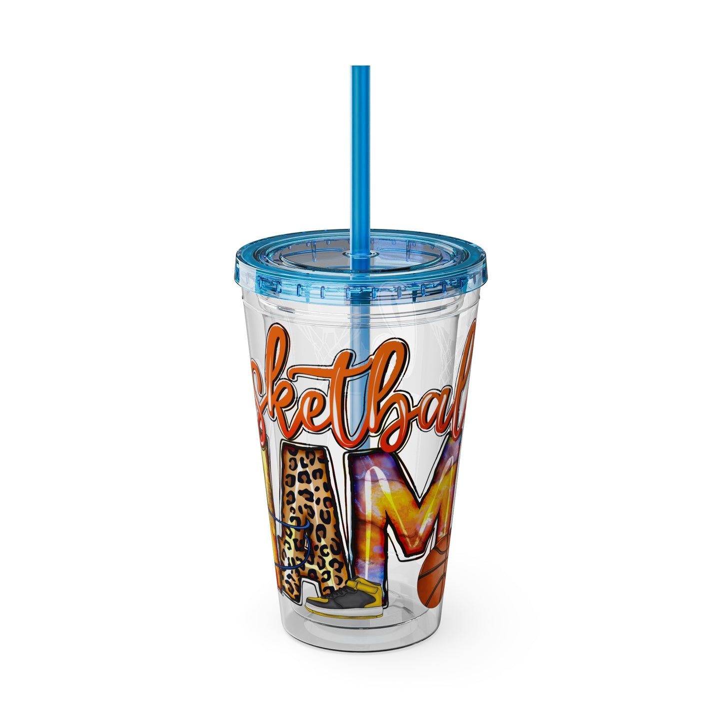 Basketball Mom 16oz Tumbler with Straw — Leopard & Plaid Sunsplash Design