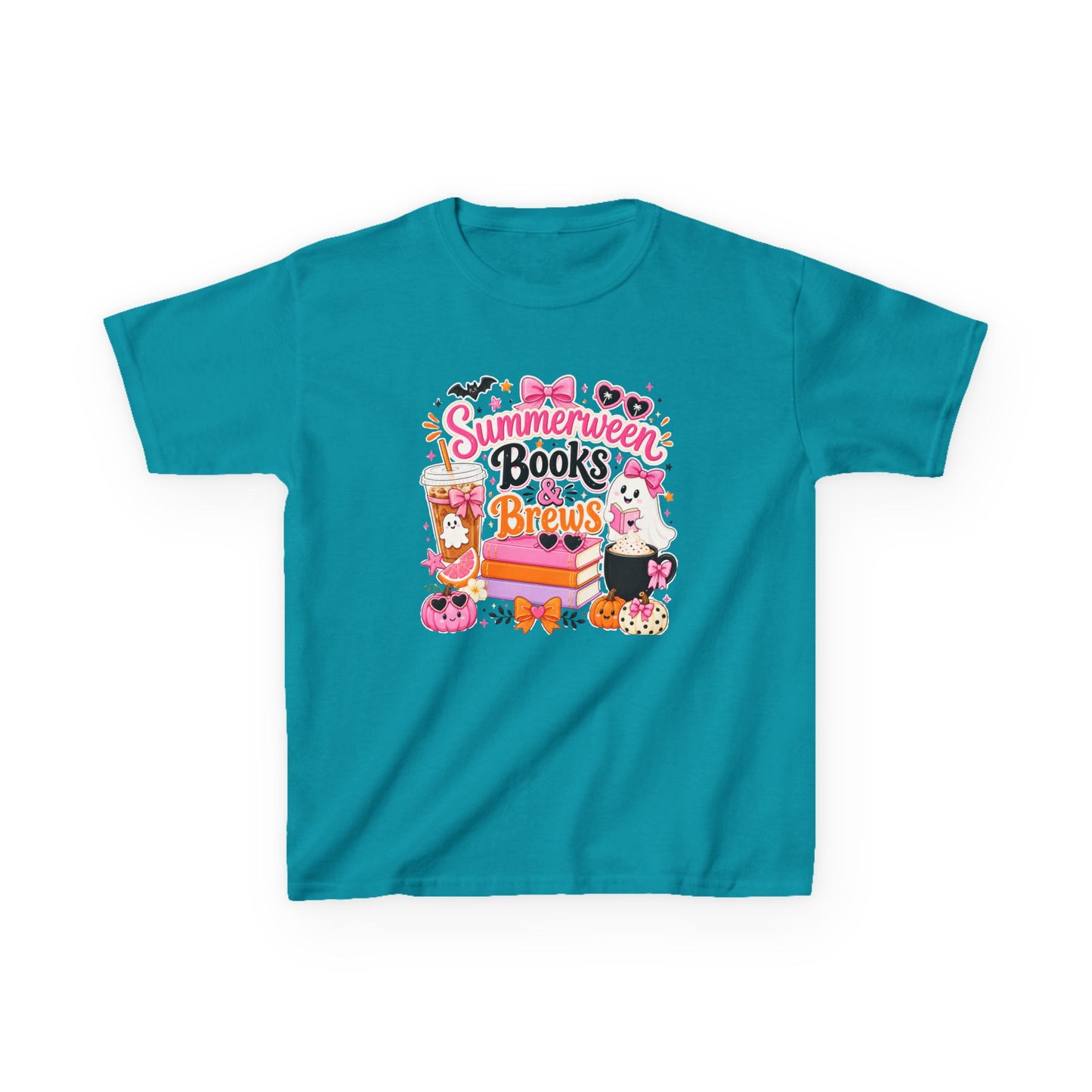 Kids Tee — "Summerween Books & Brew" Cute Halloween Reading Shirt