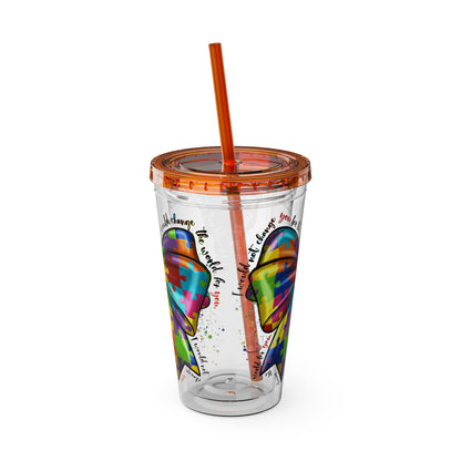Autism Awareness Rainbow Puzzle Bow Tumbler with Straw, 16oz