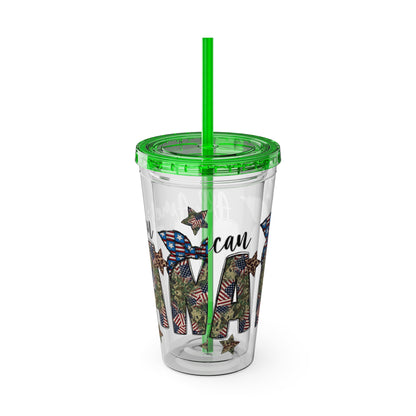 Patriotic Mama 16oz Tumbler with Straw — All American Floral Flag Design