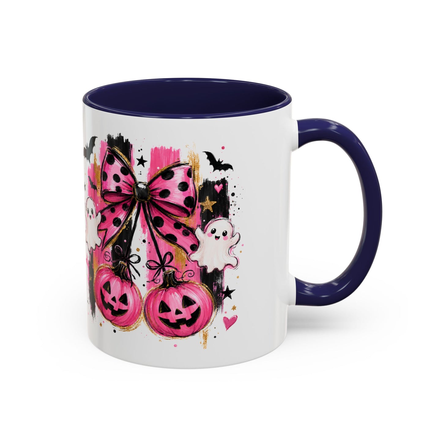 Halloween Pink Pumpkin Coffee Mug — Cute Ghosts & Bow Accent Mug (11/15oz)