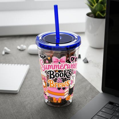 Summerween Books & Brews Tumbler — 16oz Straw Cup for Book Lovers