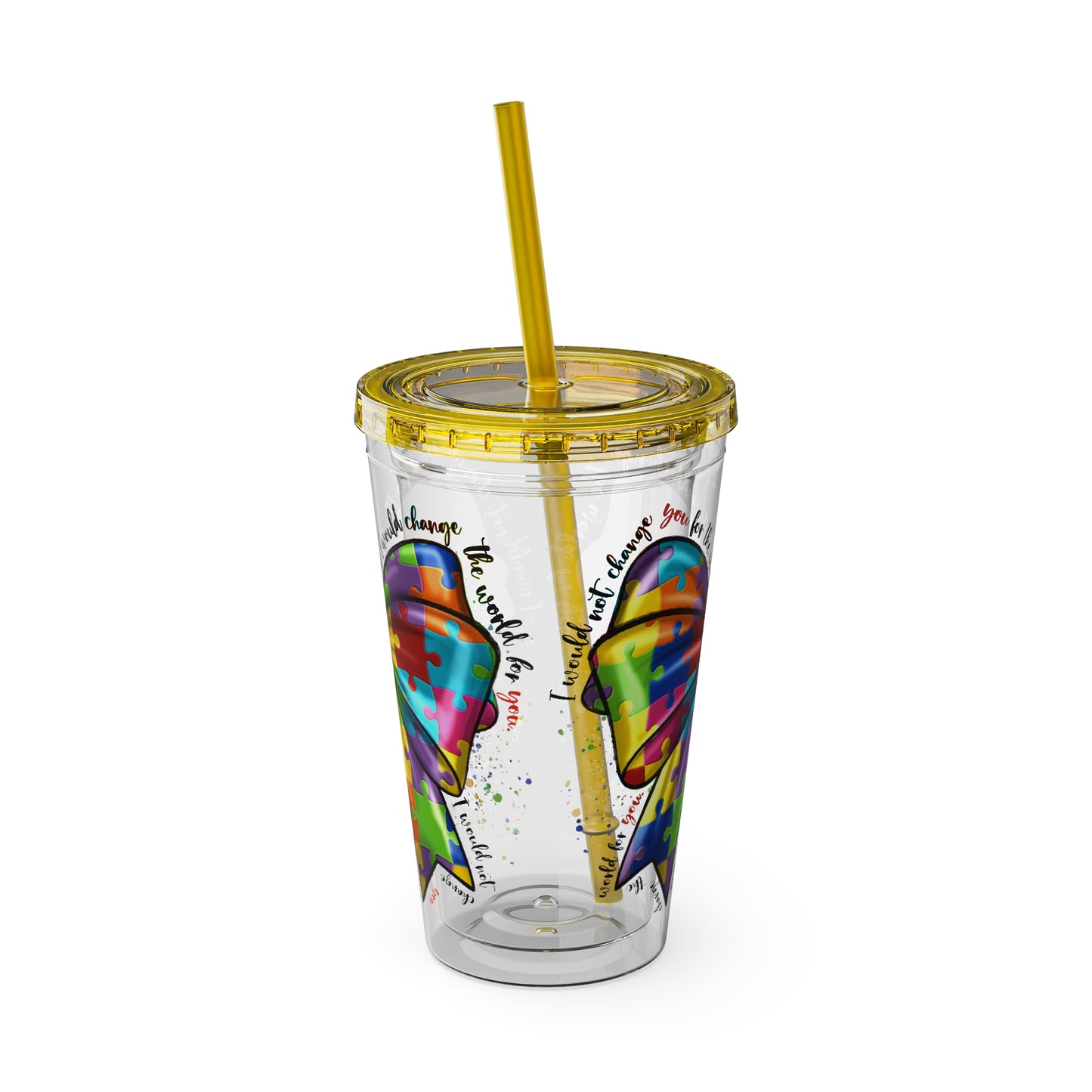 Autism Awareness Rainbow Puzzle Bow Tumbler with Straw, 16oz
