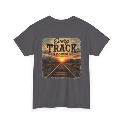 "Every Track Leads Somewhere" Sunset Railroad Graphic Tee