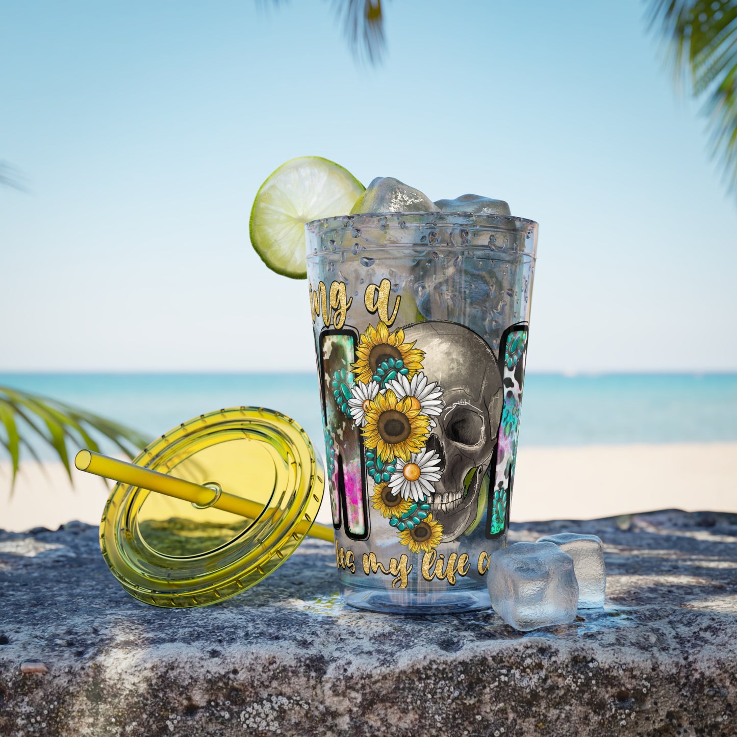 16oz Tumbler with Straw - "Being You" Floral Skull Cold Drink Cup Sunsplash Skull & Sunflower
