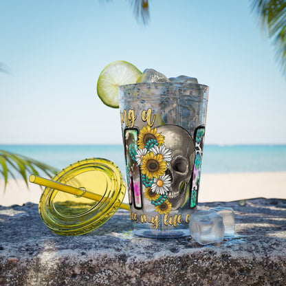 16oz Tumbler with Straw - "Being You" Floral Skull Cold Drink Cup Sunsplash Skull & Sunflower